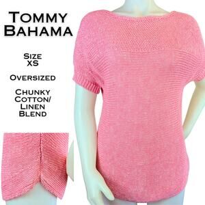 Tommy Bahama Sweater XS Pink White Heathered Chunky Knit Oversized Short Sleeve